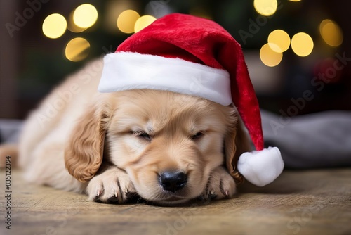Another puppy with a Christmas hat in a festive setting,