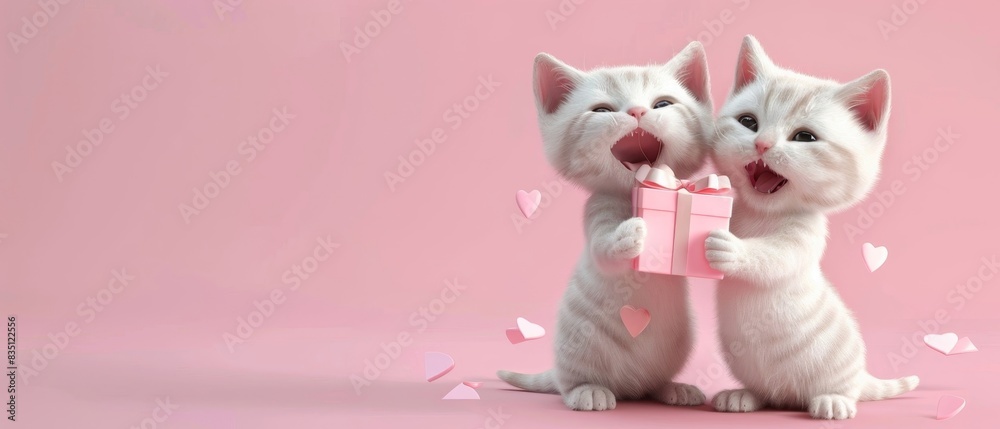 White cat with bow and dog, cute cartoon animals, Valentine's illustration White cat with bow and dog, cute cartoon animals, Valentine's illustration