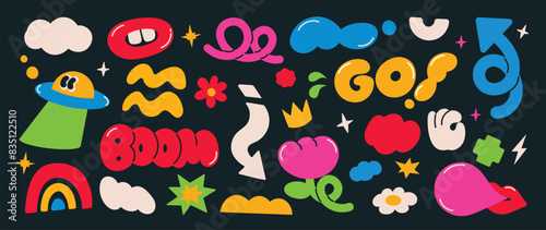 Set of funky groovy element vector. Collection of cartoon characters, cute doodle dawn, sparkle, hand, spaceship, flower. Retro hippie design for decorative, sticker, toys and kids.