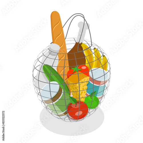 3D Isometric Flat Illustration of Shopping Bags, Different Grocery Sets. Item 3