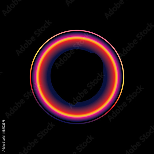 Glowing neon color circle round curve shape with wavy dynamic lines isolated on black background technology concept. Circular light frame border. Light ring background. For badges, price tags, etc.