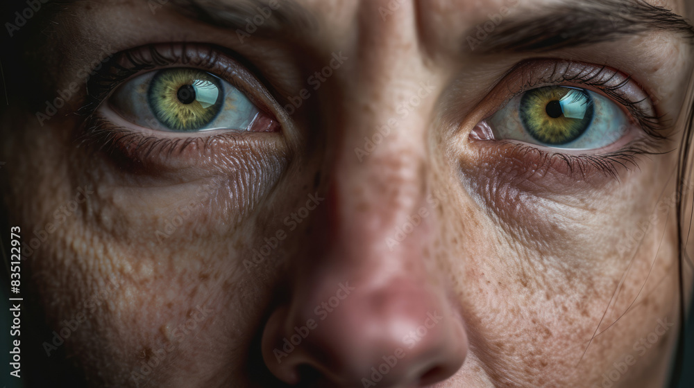 close-up of a green woman's eyes expressing strain and anxiety close-up of a green woman's eyes expressing strain and anxiety