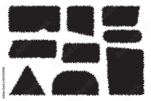 Torn paper frames with rough edges vector set. Black square shapes with ripped jagged borders on white background. Vintage grunge boxes for collage, text, banner, sticker design. Retro photo objects 