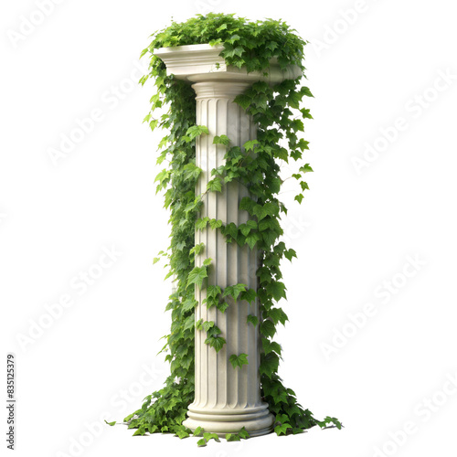 A single white marble column covered in lush, green ivy vines, standing in a bright, sunny setting