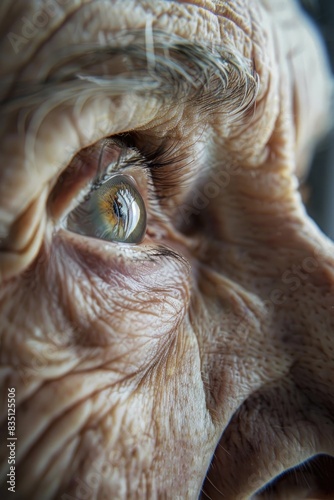 Close-Up of Elderly Person s Eye Capturing Deep Reflection and Wrinkles