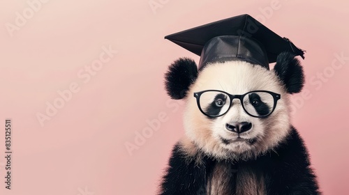 Concept of Education and Success: Panda Bear Wearing Glasses and Graduation Cap on Blush Pink Background photo