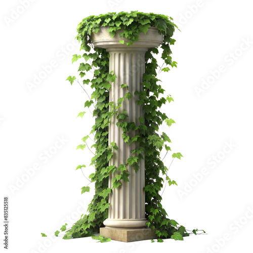 A 3D rendering of a white marble column covered in lush green ivy vines, with a transparent background photo