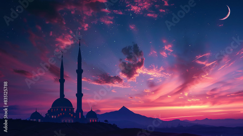 Islamic temple against background of night sky. Islamic silhouette of mosques against dusk sky twilight with crescent moon over the mountains, highlighting the serene and spiritual essence of Islam