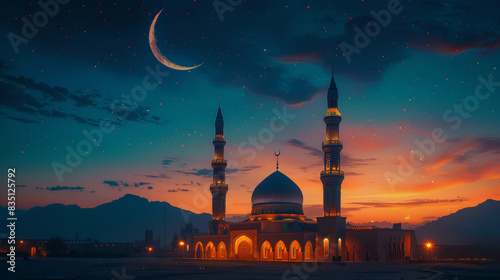 Islamic temple against background of night sky. Islamic silhouette of mosques against dusk sky twilight with crescent moon over the mountains, highlighting the serene and spiritual essence of Islam