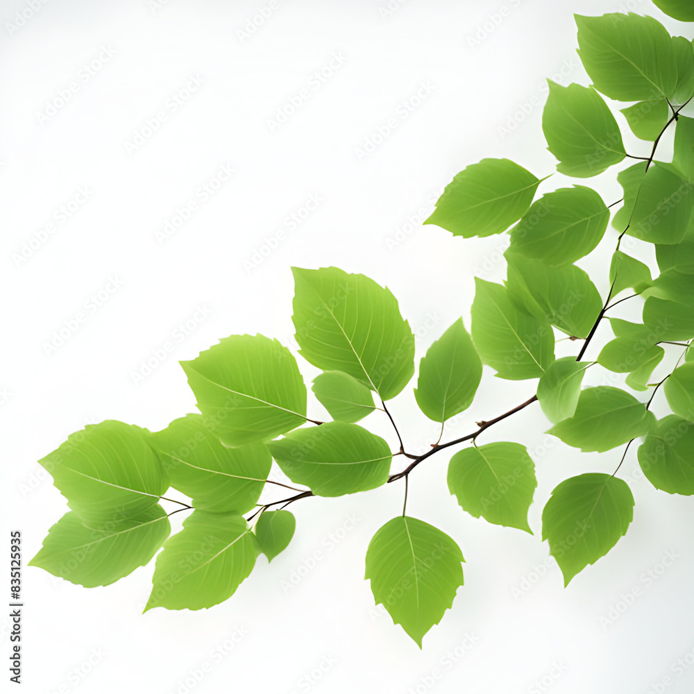 Fototapeta premium A branch with a green leaf fresh natural design aesthetic refreshing bright on white background