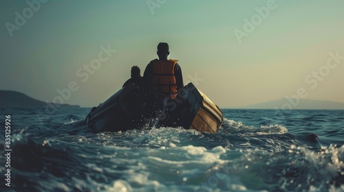  Migrant boat in Mediterranean Sea with refugees. 