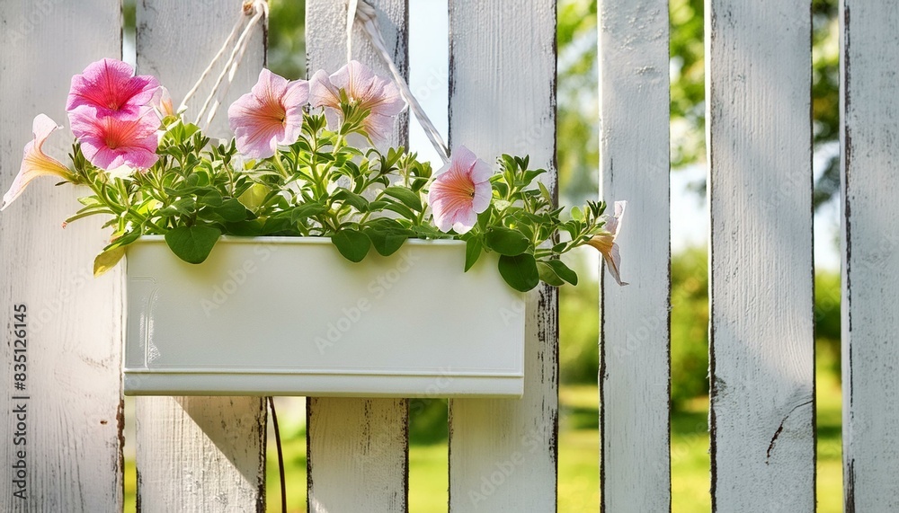 Fototapeta premium Pink petunia flowers in a rectangular pot hanging on old white wooden fence in the garden. 