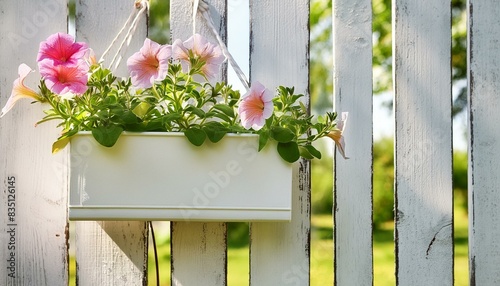 Pink petunia flowers in a rectangular pot hanging on old white wooden fence in the garden. 