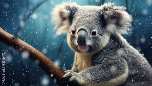 Furry koala enjoying the winter wonderland