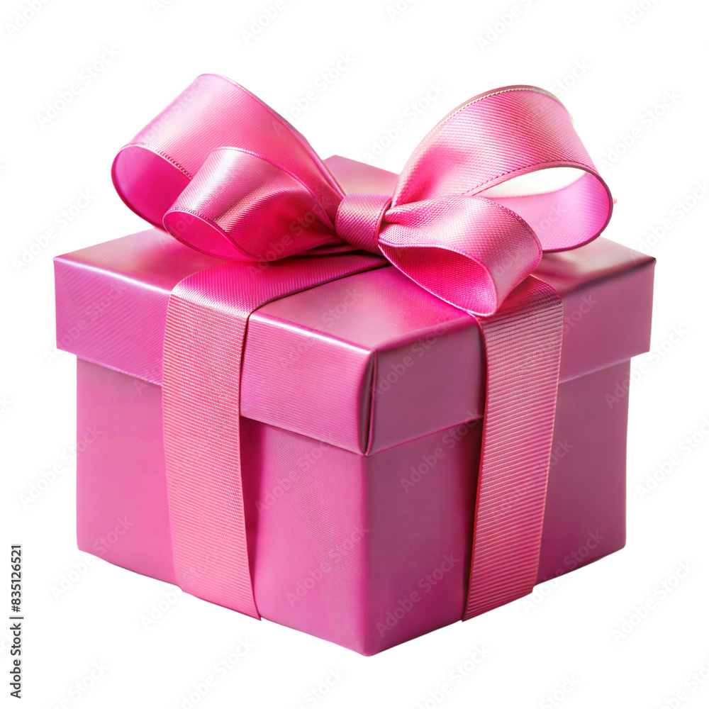 Obraz premium A pink gift box with a large pink bow tied on top, isolated on a transparent background