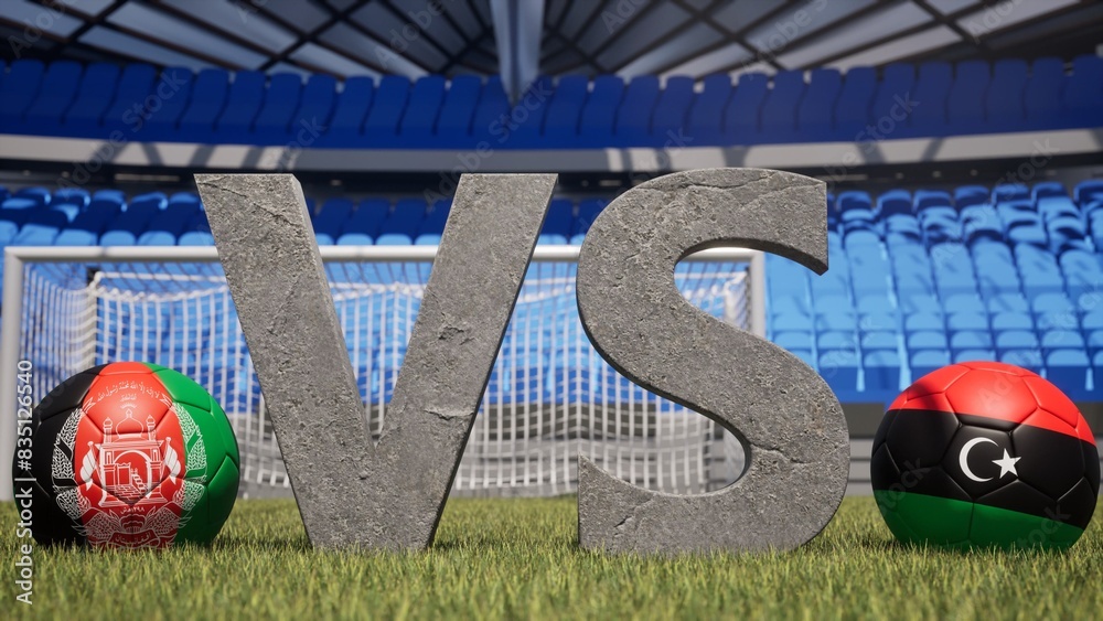 Obraz premium A soccer match between Afghanistan and Libya is symbolized by two soccer balls with their national flags and a large vs on a stadium field