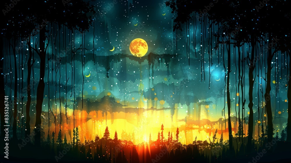 Fototapeta premium Digital art moon with the scenery digital art digital art with moon shining in night scene illustration, night view with colorful cool bluish effect and clouds with dark sky through foggy,