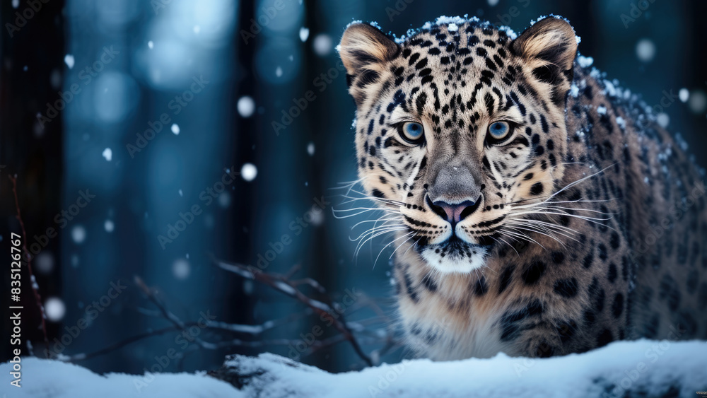 Fototapeta premium Majestic leopard prowling through a snowy forest 