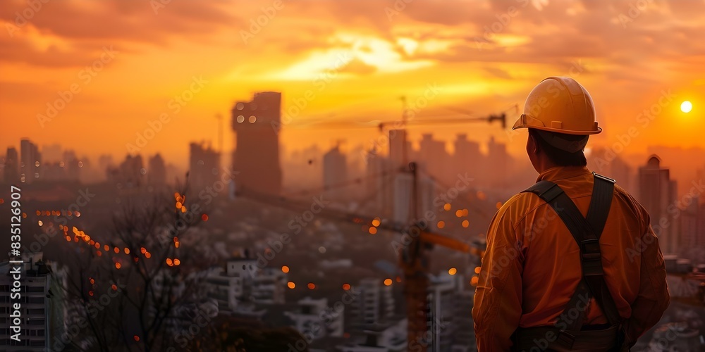 Construction worker in yellow hard hat at site with cityscape at sunset. Concept Construction worker outfit, hard hat safety, cityscape sunset vibes, outdoor work environment