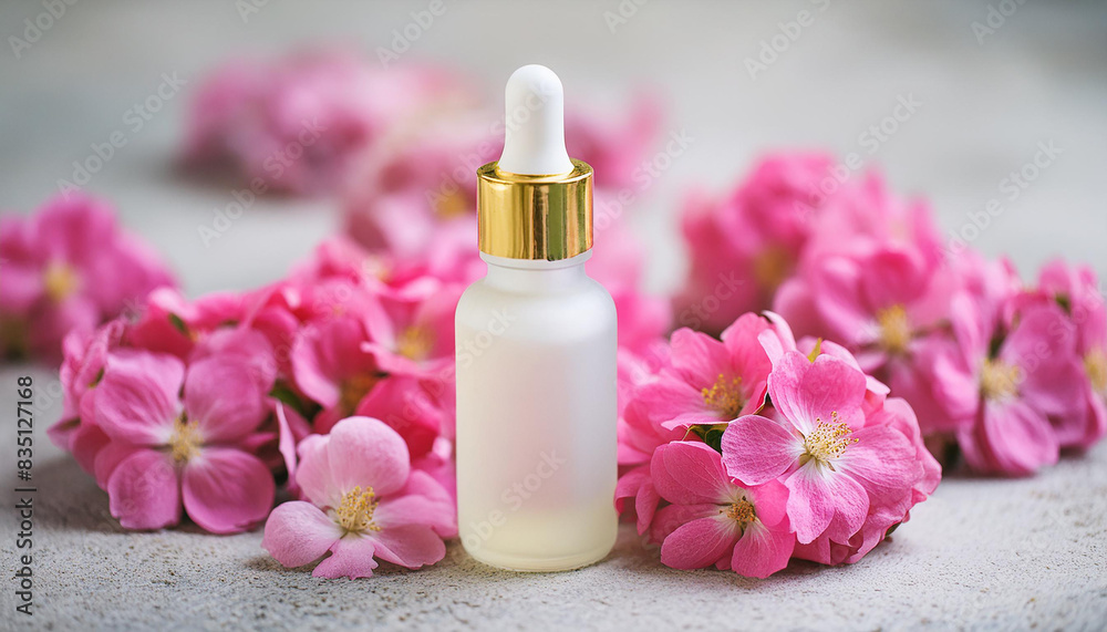 White frosted glass dropper, serum bottle, pink flowers. Natural cosmetic product. Skin care.
