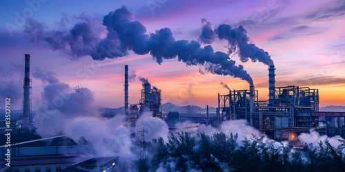 Emissions from industrial complex exacerbate environmental degradation. Concept Industrial Pollution, Environmental Degradation