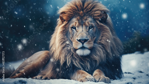 Regal lion surveying its snowy domain 
