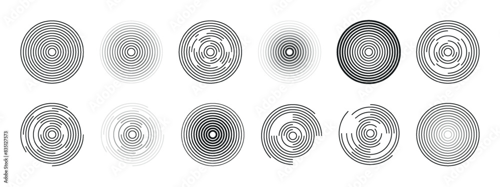 12 concentric circles isolated on a white background. Radial center minimal spirals on white. Radio and sonar wave. Illusion. Pulsation. Vector.