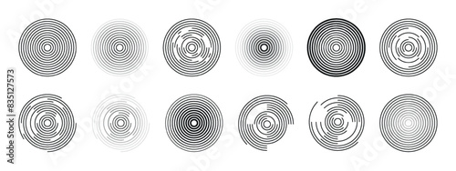 12 concentric circles isolated on a white background. Radial center minimal spirals on white. Radio and sonar wave. Illusion. Pulsation. Vector.
