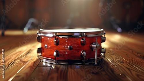A close-up view of a snare drum on a wooden floor in a warmly lit recording studio with bokeh background. photo