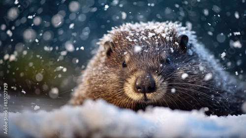 Groundhog in snowy winter   © Andriy