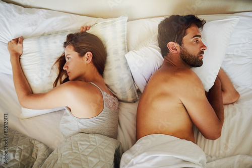 Photos Frustrated couple, bed and argument above with fight, disagreement or erectile dysfunction at home