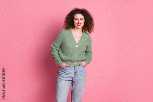 Photo of cheerful lovely woman wear trendy green clothes collection isolated on pink color background