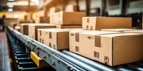 Cardboard boxes on conveyor belt in warehouse showcasing ecommerce delivery automation. Concept Ecommerce Automation, Warehouse Efficiency, Conveyor Systems, Supply Chain Management © Ян Заболотний