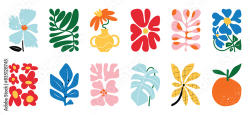 Botanical doodle background art vector set. Flower and leaves abstract shape doodle art design for print, wallpaper, clipart, wall art for home decoration.