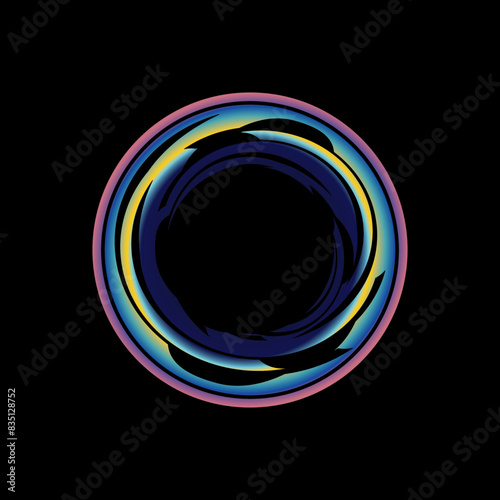 Glowing neon color circle round curve shape with wavy dynamic lines isolated on black background technology concept. Circular light frame border. Light ring background. For badges, price tags, etc.