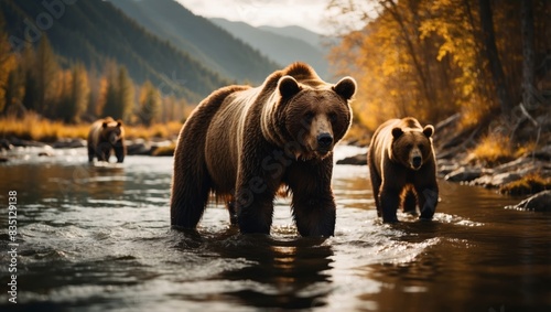 Brown Bears Focused Fishing Expedition Captivating Double Exposure Silhouette in a River Landscape. photo