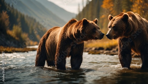 Brown Bears Focused Fishing Expedition Captivating Double Exposure Silhouette in a River Landscape. photo