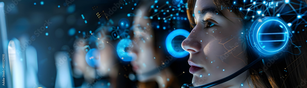 A customer service team with AI voice recognition concept: The perfect blend for enhancing customer service through cutting edge voice technology. Ideal for tech and business adver A customer service team with AI voice recognition concept: The perfect blend for enhancing customer service through cutting edge voice technology. Ideal for tech and business adver