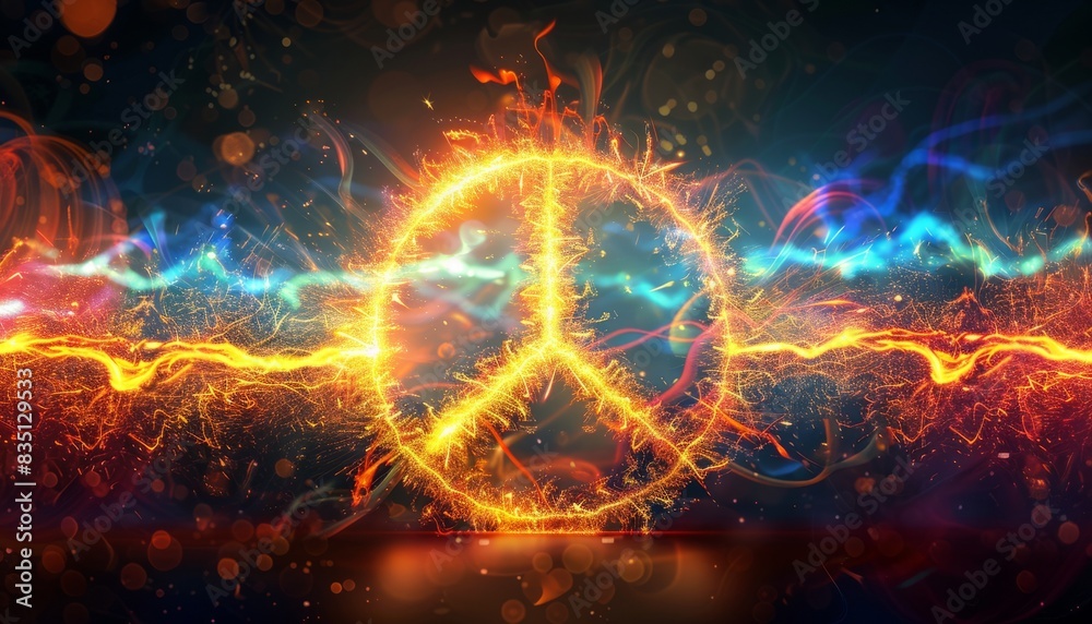 Vibrant peace symbol engulfed in neon flames and swirling lights, representing energy and harmony in a modern artistic design. Vibrant peace symbol engulfed in neon flames and swirling lights, representing energy and harmony in a modern artistic design.