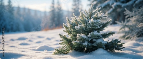 Winter Christmas scenic landscape on frosty sunny day in forest Snowy backdrop with fir-trees covered with snow close-up, snowdrifts on nature outdoors, copy space, toned blue. photo