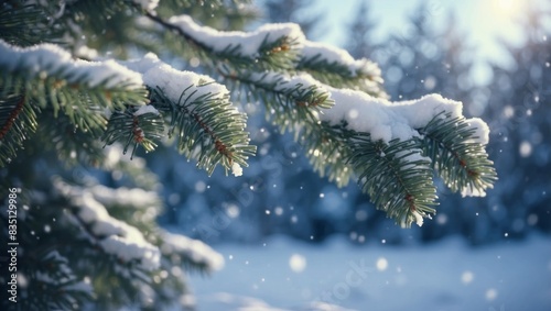 Winter Christmas scenic background with copy space Snow landscape with spruce branches covered with snow close-up, snowdrifts and falling snow on nature outdoors, copy space, toned blue. photo