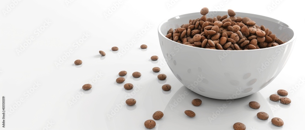 Coffee beans spilling from a white bowl on white background. Coffee beans spilling from a white bowl on white background.