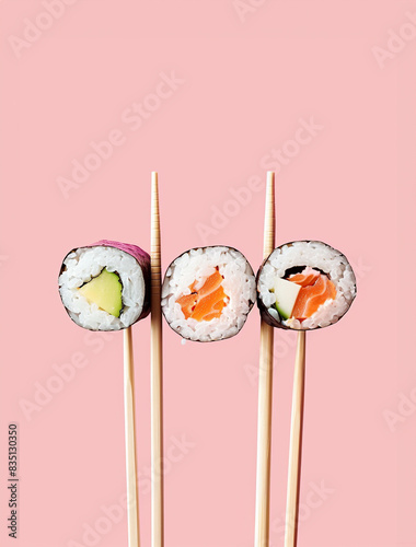 Minimal concept. Sushi rolls and chopsticks, isolated on pink background. Top view. Flat lay