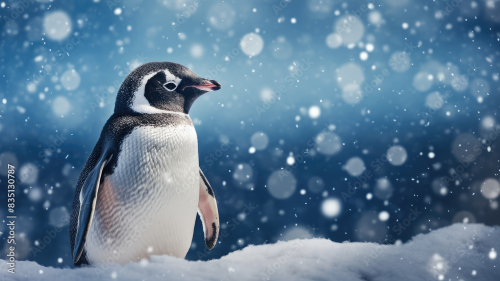 Fototapeta premium Penguin Standing in Frosty Winter Landscape with Snowflakes 