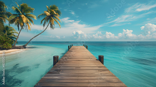 A wooden dock leads to the ocean alongside palm trees, creating a tropical and relaxing atmosphere. Perfect for travel and vacation-related content.