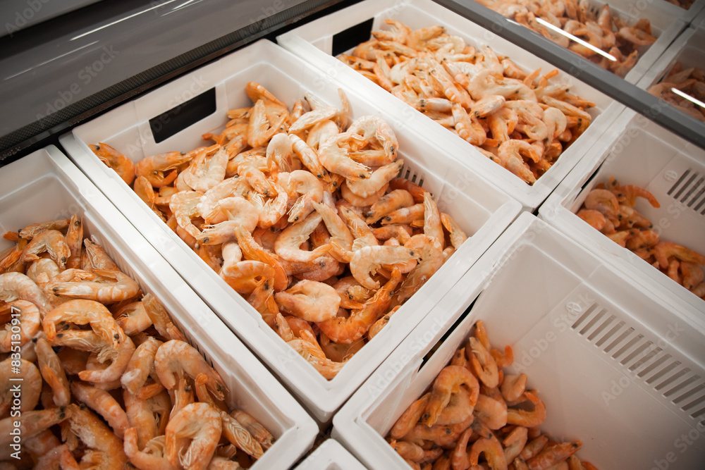Refrigeration warehouse with shrimps.