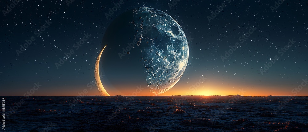 serene night sky featuring a large glowing crescent moon and a bright star symbolizing EidalAdha with HDR Imaging and AI Autofocus capturing the celestial beauty serene night sky featuring a large glowing crescent moon and a bright star symbolizing EidalAdha with HDR Imaging and AI Autofocus capturing the celestial beauty