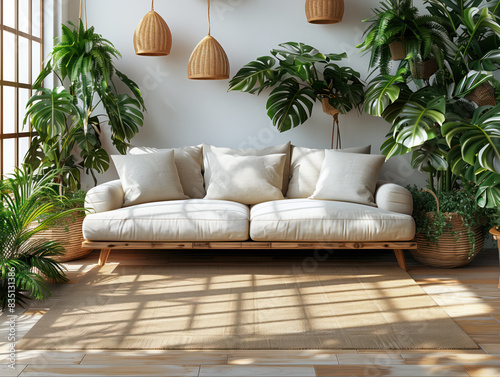 A white 3 seater sofa in a modern room with soft lighting