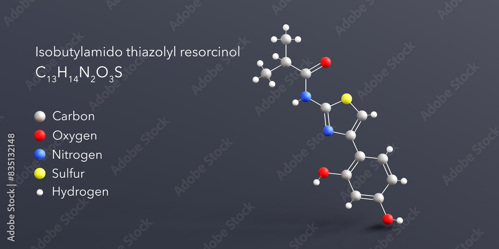 isobutylamido thiazolyl resorcinol molecule 3d rendering, flat