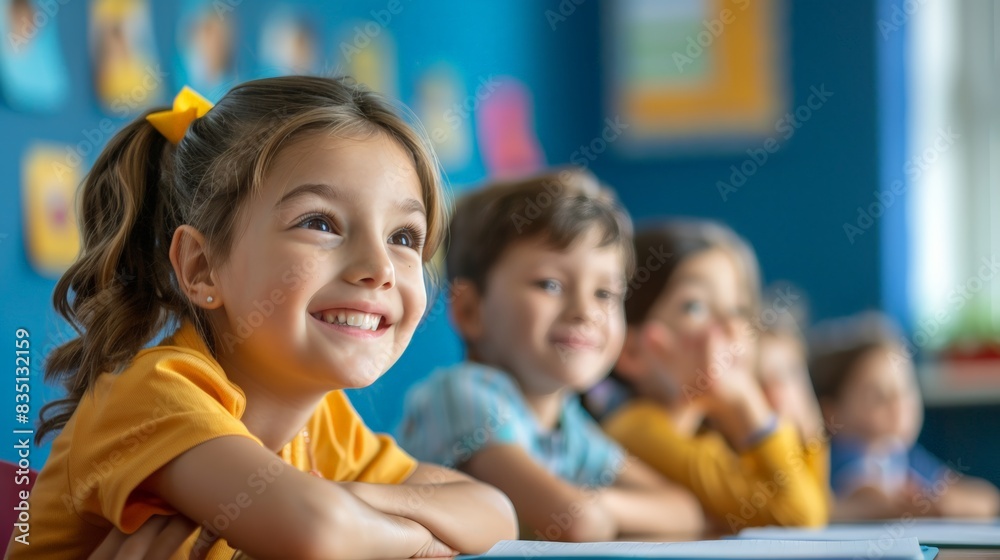 primary elementary school group of children studying in the classroom. learning and sitting at the desk. young cute kids smiling, high quality photo primary elementary school group of children studying in the classroom. learning and sitting at the desk. young cute kids smiling, high quality photo